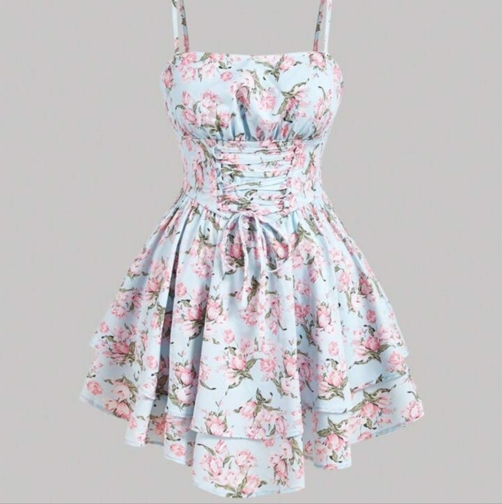 Shein MOD light blue pink ditsy floral lace up strapless mini dress
